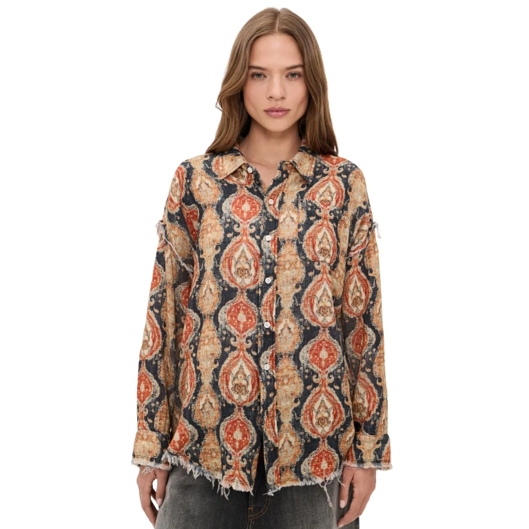 R13 シュレディッド シーム ドロップネック シャツ オレンジ ダークネイビー マルチカラー L