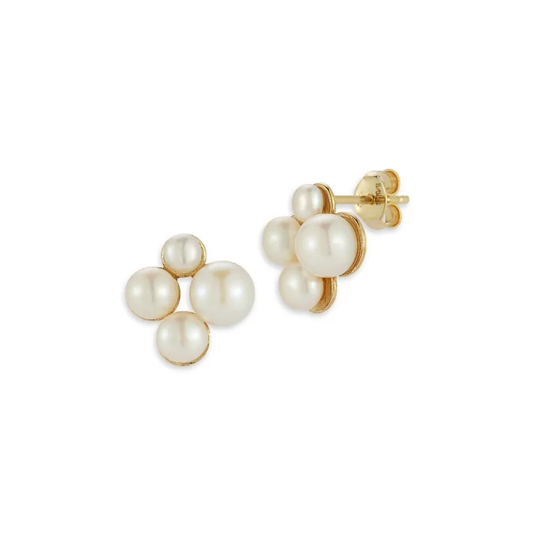 14K Yellow Gold Cultured Freshwater Pearl Cluster Stud Earrings