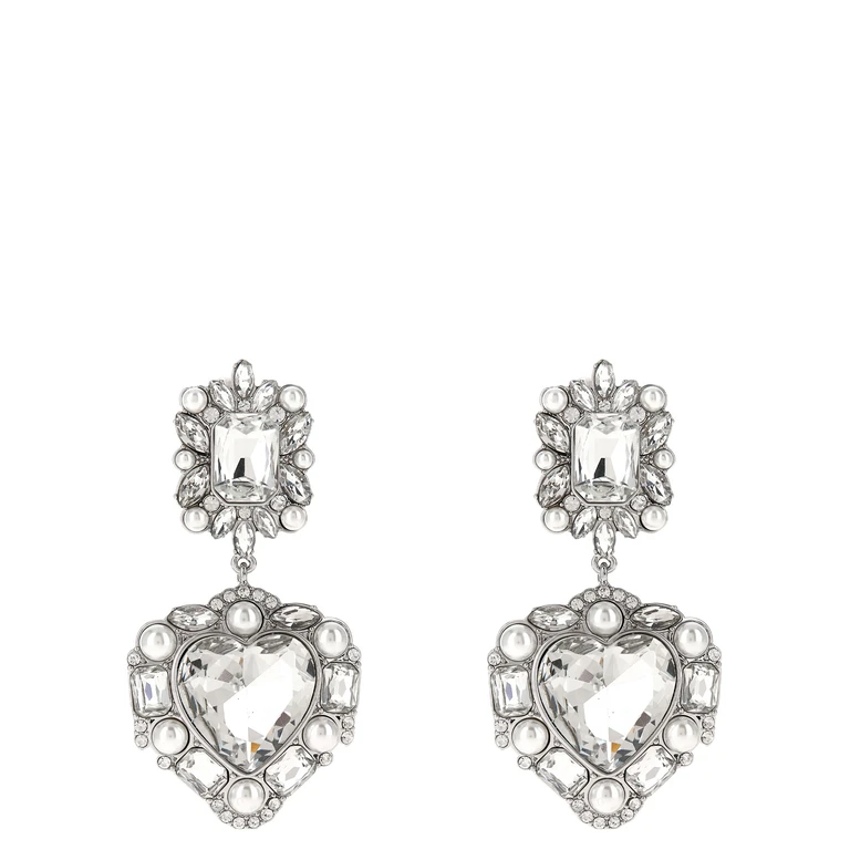 Self-Portrait Crystal Pearl Tiered Heart Earrings Silver - Women