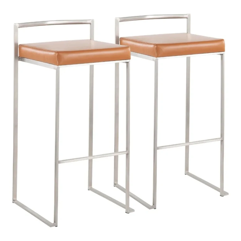 Fuji Low Back Stainless & Camel Faux Leather Barstools, Set of 2