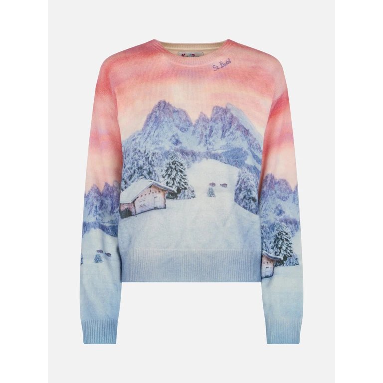 Mc2 Saint Barth Louise Cashmere Blend Sweater With Chalet Sunset Print Pink - Women