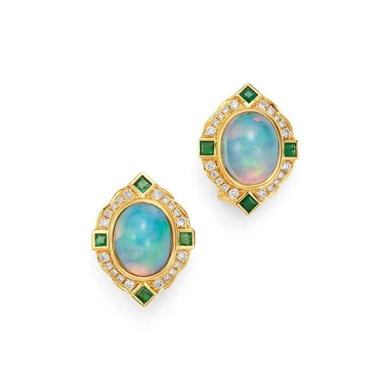 Ethiopian Opal, Emerald & Diamond Earrings in 14K Yellow Gold