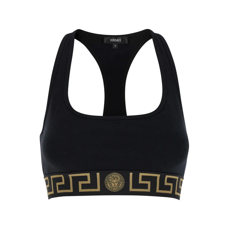 Versace Black Sports Bra With Greca And Medusa Detail In Stretch Cotton Woman