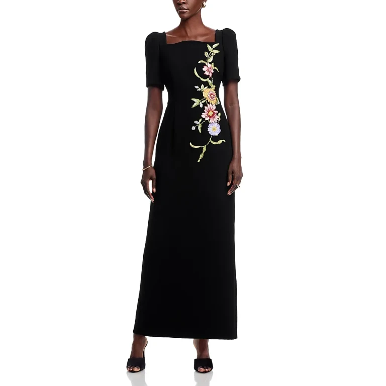 Teri Jon by Rickie Freeman Floral Applique Crepe Gown