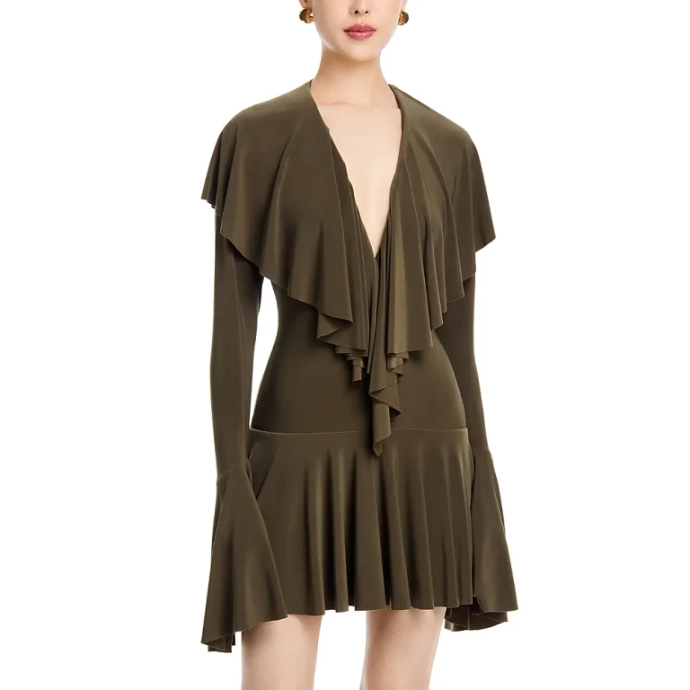 Norma Kamali Deep V Neck Ruffled Mini Dress