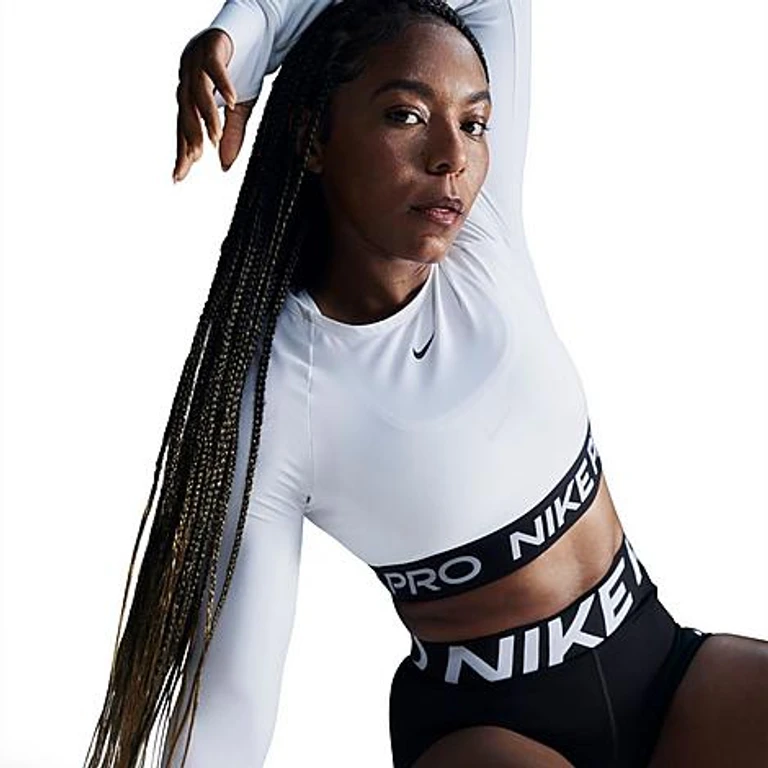 Nike Women's Pro 365 Dri-FIT Cropped Long-Sleeve T-Shirt in White/Black Size: XXS