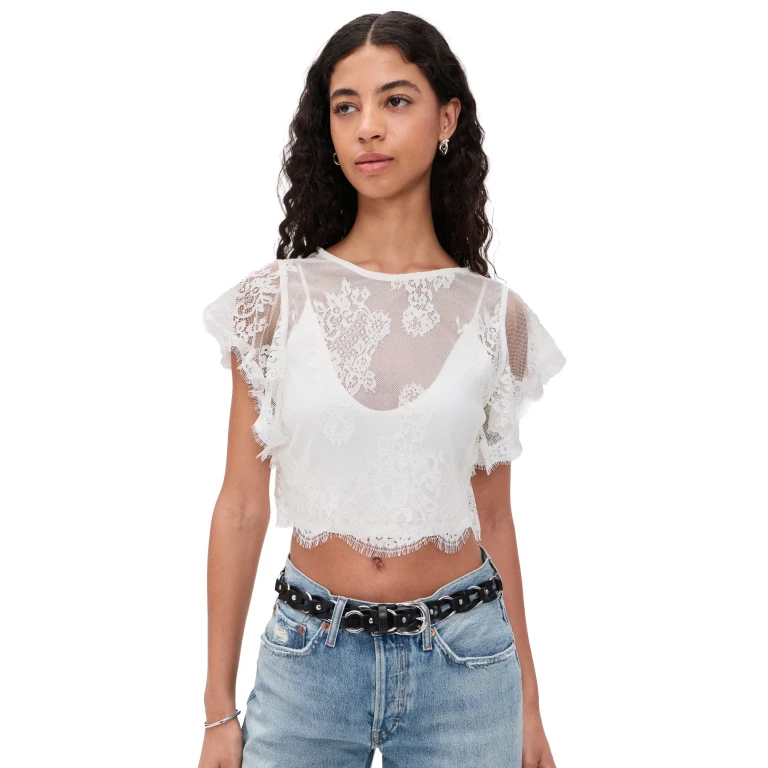 Free People Lunar Ash Lace Top Clean Ivory M