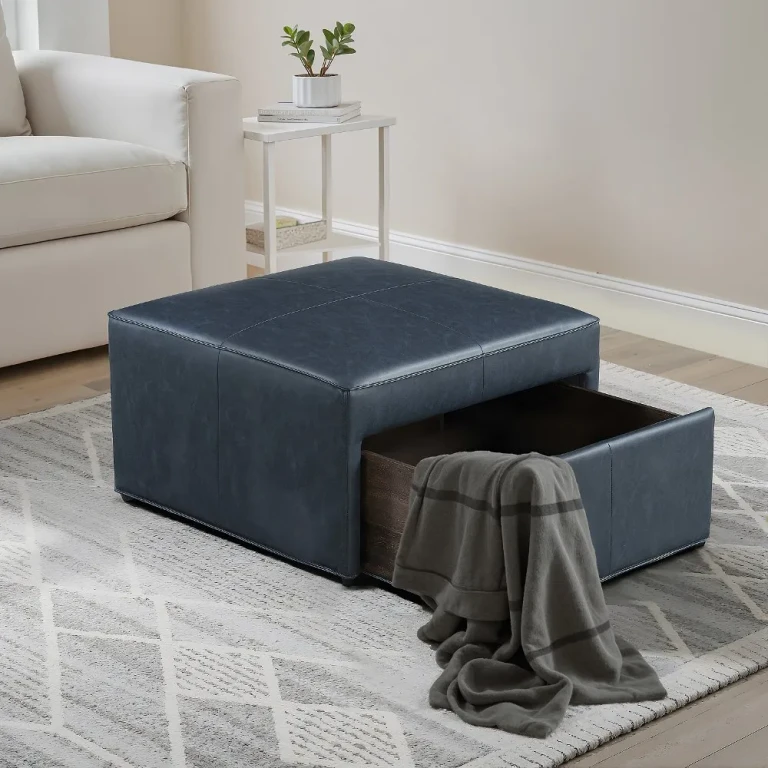 Mattie Navy Blue Faux Leather Storage Ottoman