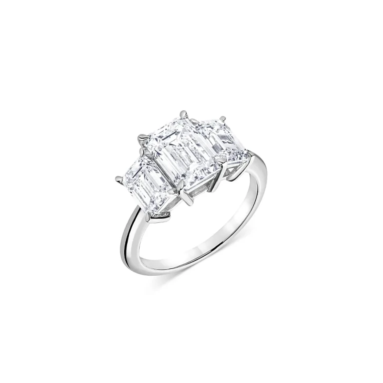 Certified Lab Grown Diamond Emerald Cut Three Stone Engagement Ring in 18K White Gold, 4.40 tcw