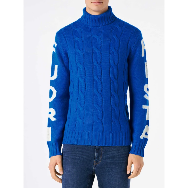 MC2 Saint Barth Fisherman Cable-knit Turtleneck Sweater With Fuori Pista Jacquard Blue
