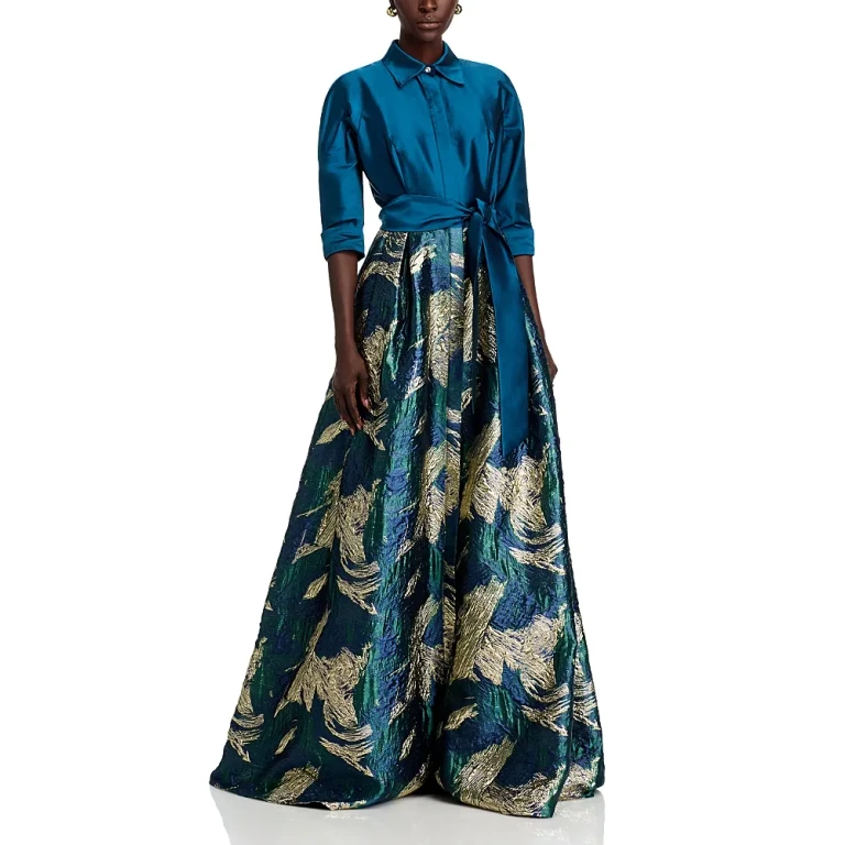 Teri Jon by Rickie Freeman Taffeta Jacquard Shirt Gown