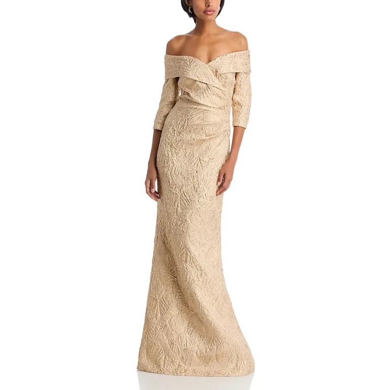 Teri Jon by Rickie Freeman Off-the-Shoulder Metallic Jacquard Gown