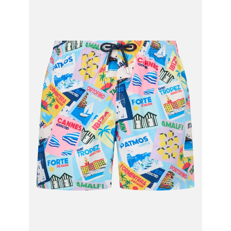 Mc2 Saint Barth Lightweight Fabric Swim Shorts Lighting With Postcards Print Green Swimshort - Men