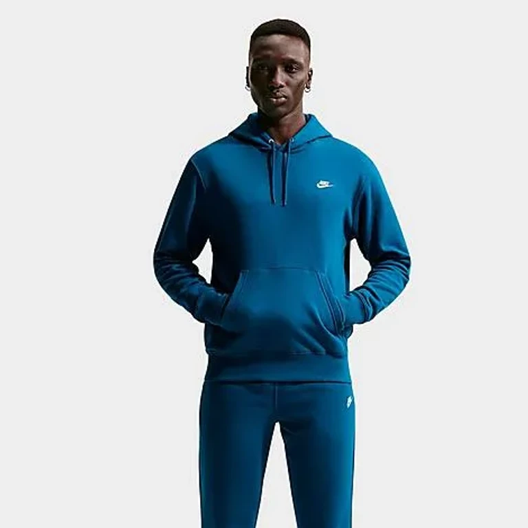Nike Men's Club Fleece Premium Embroidered Pullover Hoodie in Denim Turquoise/Denim Turquoise/White Size: 2XS
