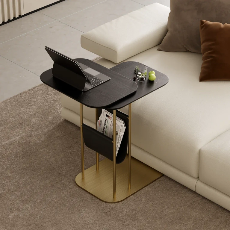 Modern Small C Shaped Rotating Side Table Walnut Wood Bedside Table with Storage End Tables