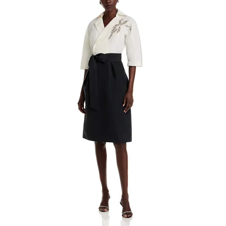 Teri Jon by Rickie Freeman Taffeta Elbow Sleeve Belted A Line Dress