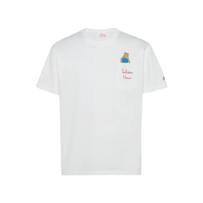 Mc2 Saint Barth Cotton T-Shirt Austin With Embroidery And Watch Print White - Men