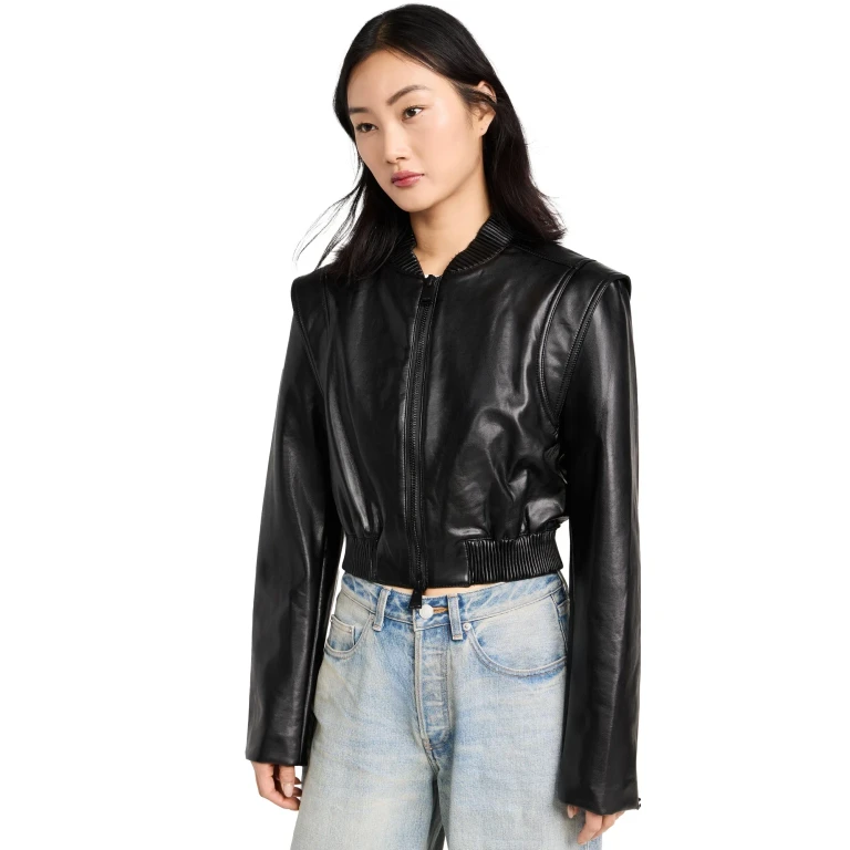 SIMKHAI Doreen Luxe Vegan Leather Boxy Bomber Jacket Black XS