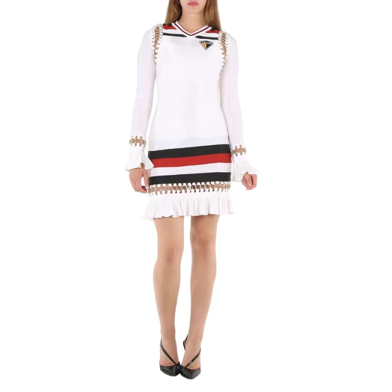 Burberry White Ring-pierced Striped Stretch Jersey Mini Dress
