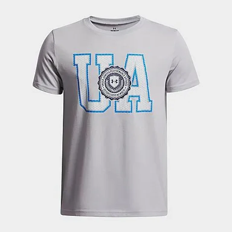 Under Armour Boys Big Kids Varsity Logo T-Shirt in Mod Grey Light Heather/Washed Navy Size: XS