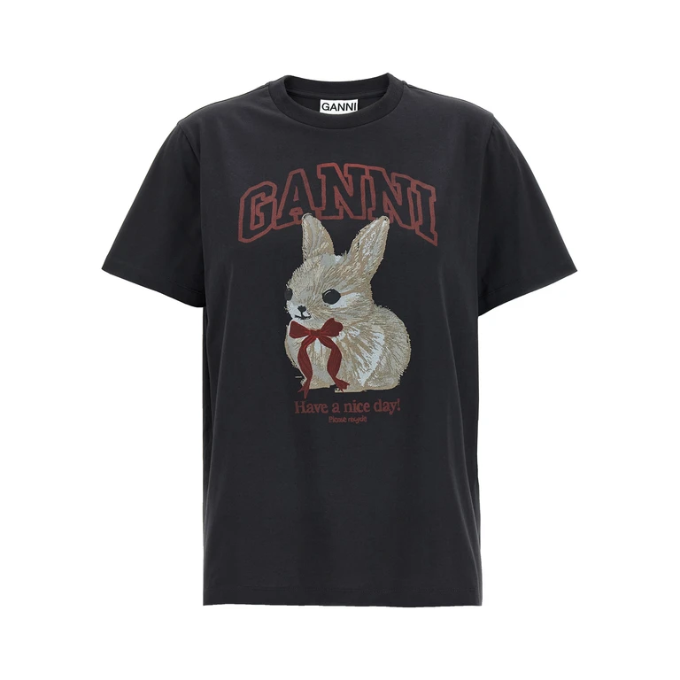 Ganni Printed T-shirt Black Organic Cotton - Women