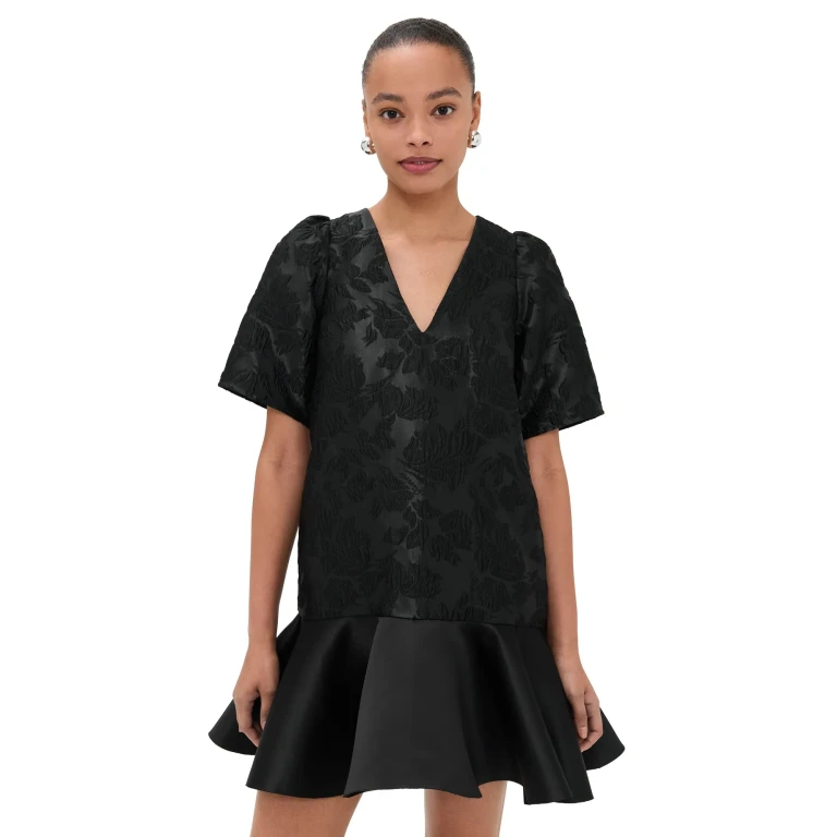 GANNI Satin Cloque Mini V Neck Dress Black 38
