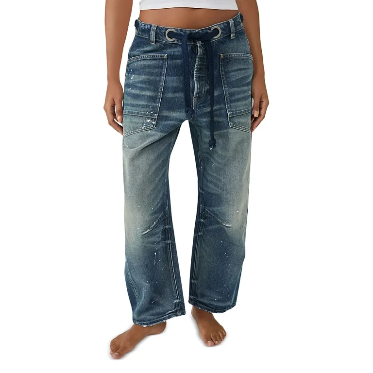 Free People We The Free Moxie Low Slung Pull On Barrel Jeans in Timeless Blue