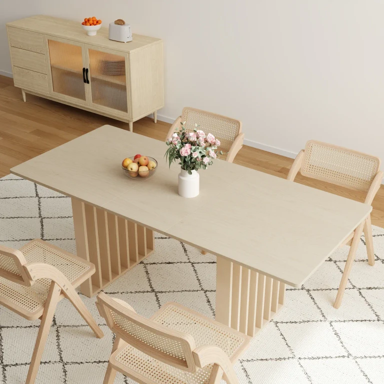 Dining Table Set 55"-87" Rectangle Extendable Whitewash Dining Table & 6 Wood Rattan Dining Chairs