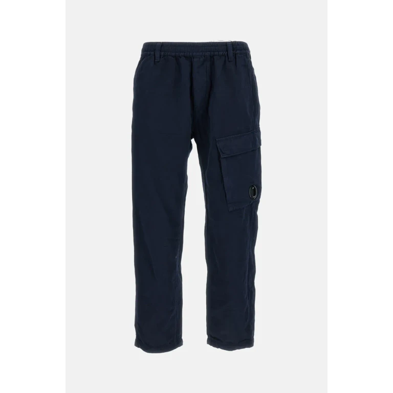 C. P. Company Blue Pants With Elasticated Waist And A Cargo Pocket In Cotton And Linen Blend For Men