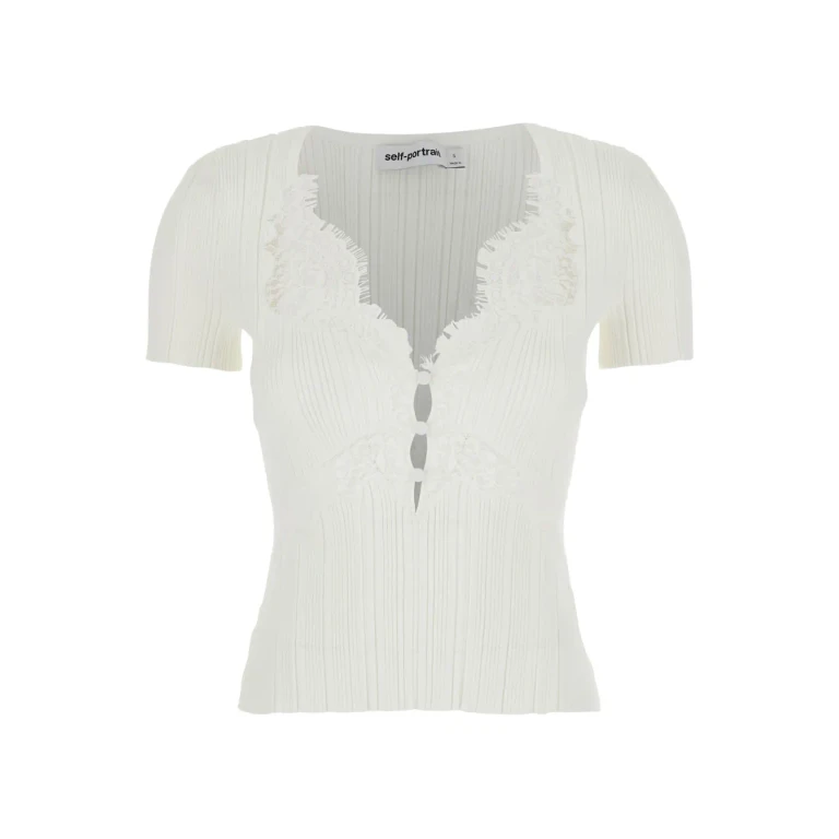 self-portrait White Lace Trim Knit Top - Dress With White Lace Details - Knitwear - In Fabric - Women