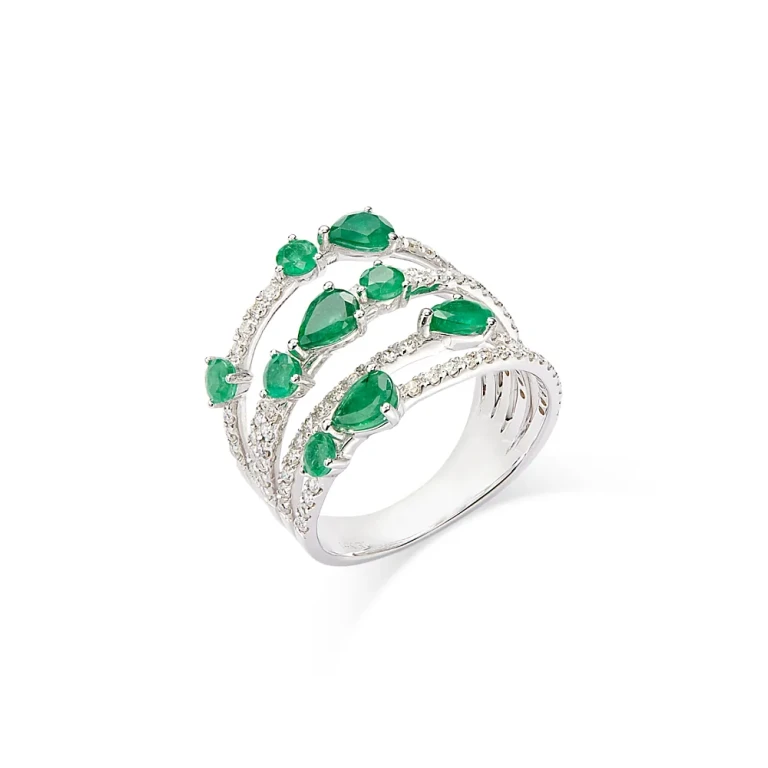 Emerald & Diamond Multirow Statement Ring in 14K White Gold