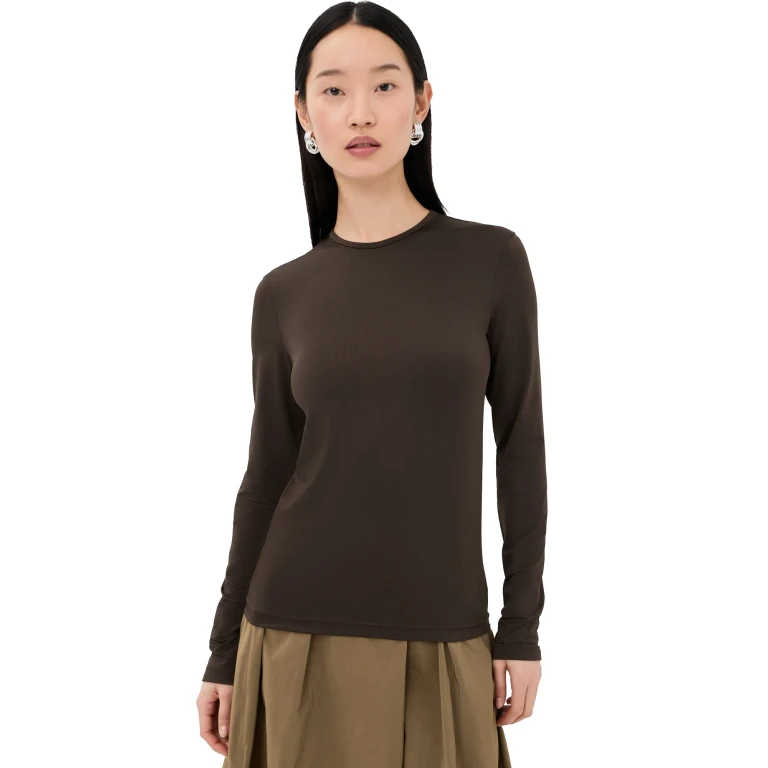 Tibi Stretch Lightweight Tech Knit Crewneck Pullover T-Shirt Hickory Brown XS