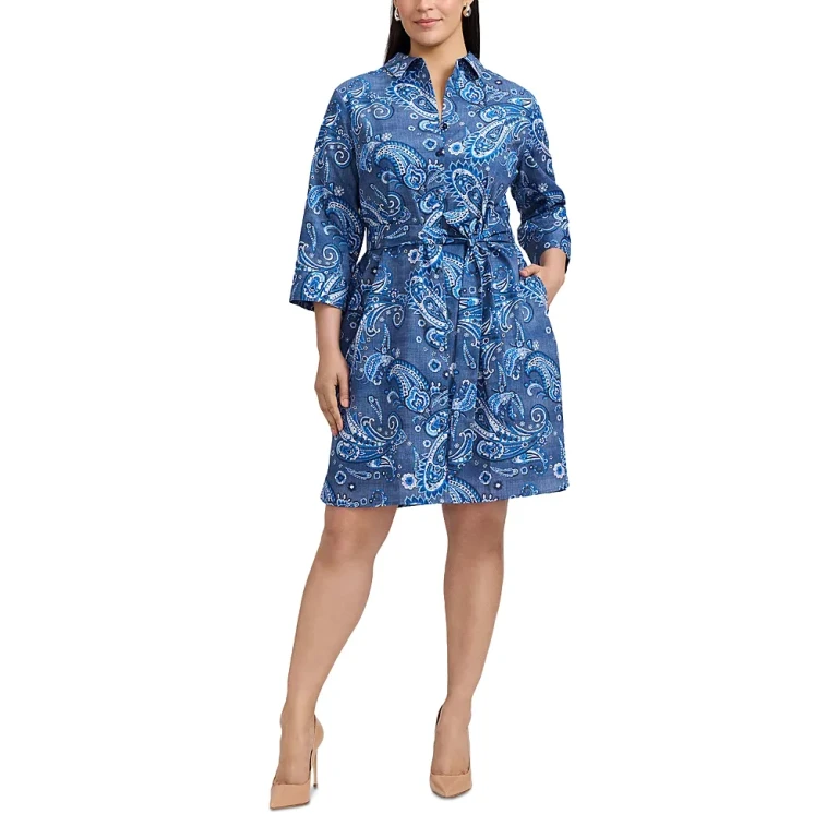 Foxcroft Plus Paisley Button Front 3/4 Sleeve Dress