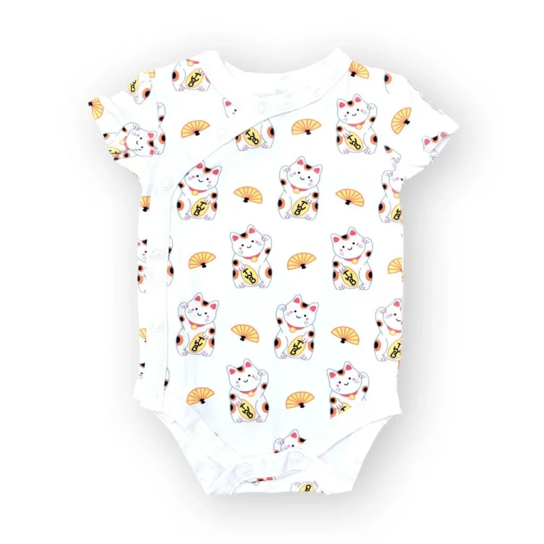 Organic Cotton Baby Onesie - Fortune Lucky Cat Maneki Neko - 0