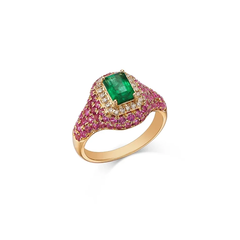 Emerald, Pink Sapphire & Diamond Pinky Ring in Yellow Gold