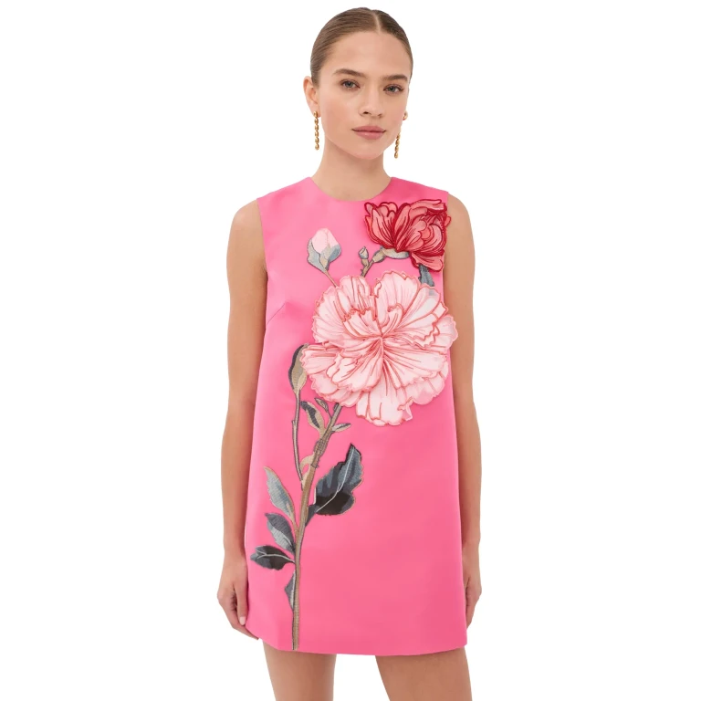 Leo Lin Yvonne Applique Floral Mini Dress Peony Print in Fuchsia 14
