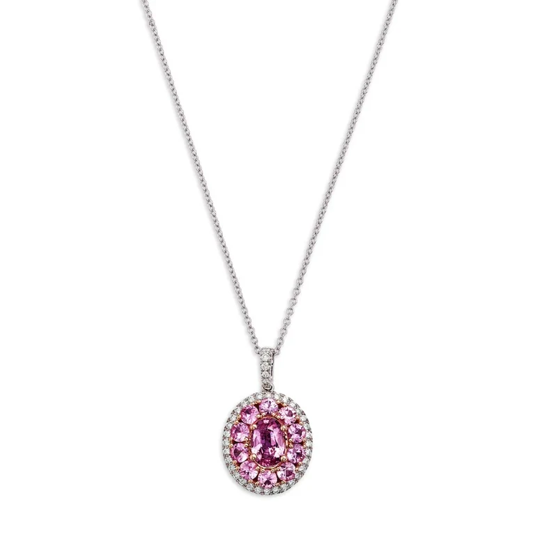 Pink Sapphire & Diamond Halo Pendant Necklace in 14K Rose & White Gold, 16-18