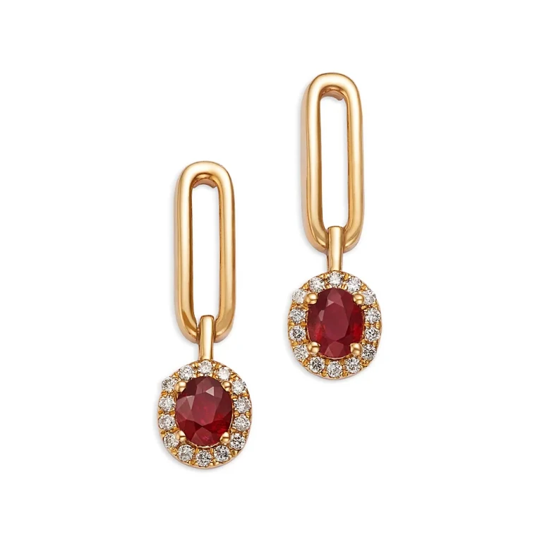 Ruby & Diamond Halo Drop Earrings in 14K Yellow Gold