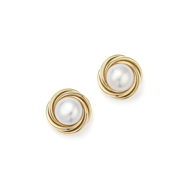 14K Yellow Gold Knot Stud Earrings with Cultured Freshwater Pearls