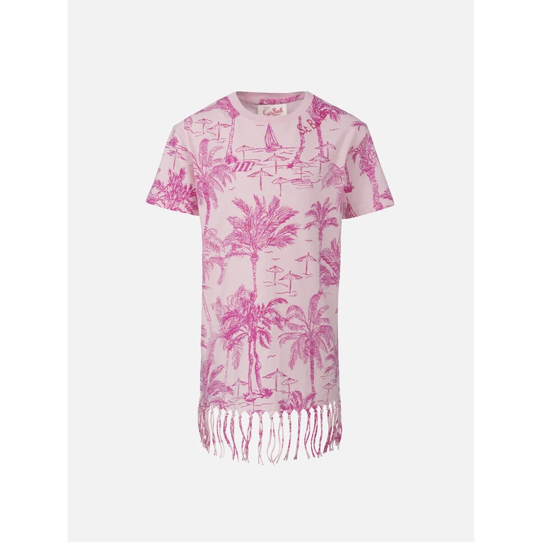 Mc2 Saint Barth Girl Abbey Dress With Fringes And Toile De Jouy Print Pink