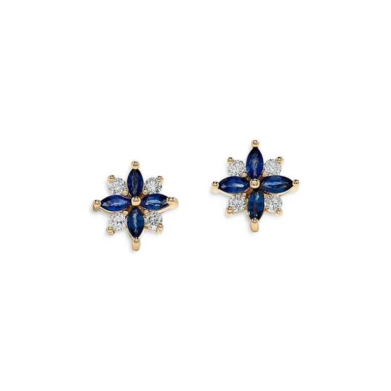 Sapphire & Diamond Flower Stud Earrings in 14K Yellow Gold