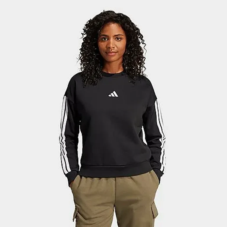 adidas Women's Essentials 3-Stripes Fleece Sweatshirt in Black/White Size: 2XS