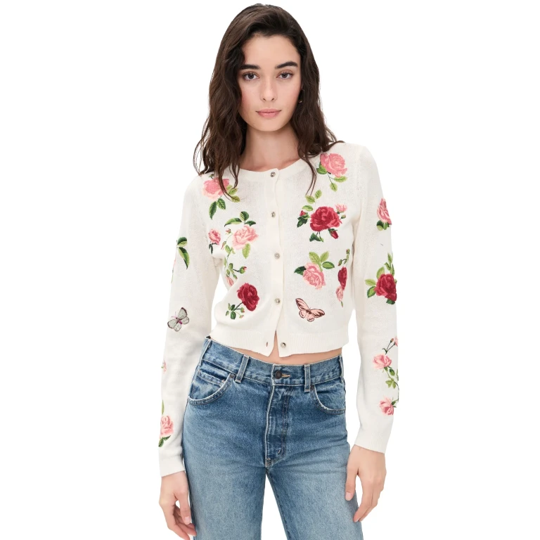 ALICE + OLIVIA Dollie Embroidered Cardigan GARDEN GOSSIP OFF WHITE S