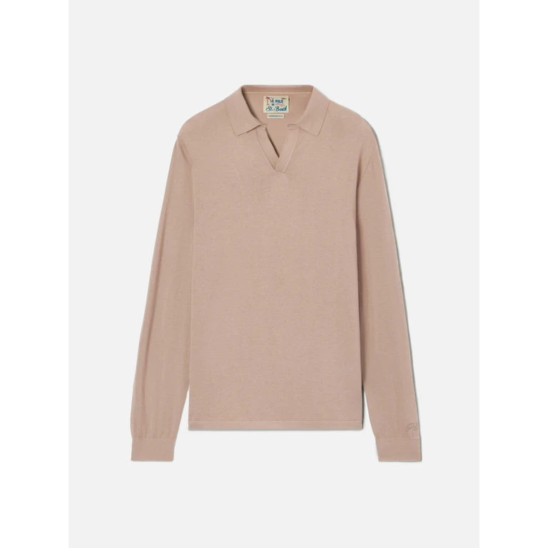 Mc2 Saint Barth Sloan Long-Sleeve Solid Taupe Polo Premium High-Twist Cotton Brown Knitwear - Men