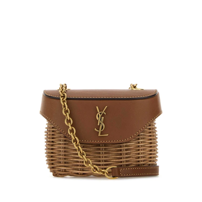 Two-Tone Wicker And Leather Mini Box June Crossbod Naturale/brick Borse A Tracolla - Women