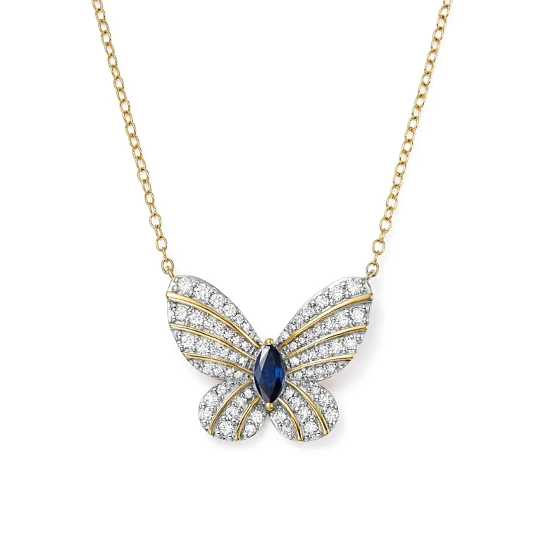 Diamond and Blue Sapphire Butterfly Pendant Necklace in 14K Yellow Gold, 17