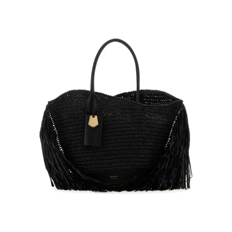 Black Raffia And Leather Big Shopping Bag