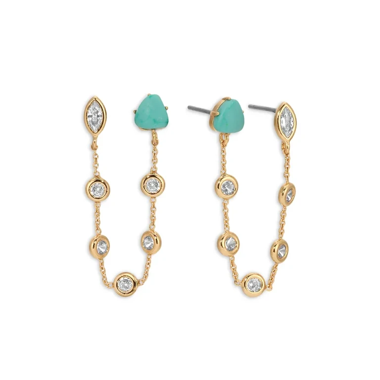 Ettika Turquoise & Cubic Zirconia Chain Connected Double Stud Earrings