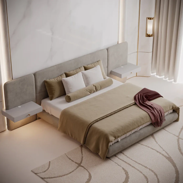 King Size Velvet Upholstered Bed with Extended Headboard & Smart Leather Nightstand Set