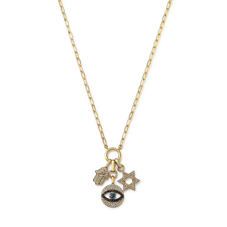 Blue Sapphire & Black & White Diamond Evil Eye, Hamsa, and Star of David Charm Necklace with a Paperclip Chain in 14K Yellow Gold, 18
